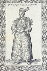 Illustration eines griechischen Mädchens aus Pera, aus Les navigations, peregrinations et voyages, faicts en la Turquie, von Nicolas de Nicolay, vor 1576